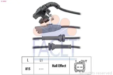210063 Датчик ABS Citroen C4, C4 I, C4 II, DS4 / Peuge 307, 308 04-Задній Л / Пр FACET 21.0063 FACET підбір по vin на Brocar