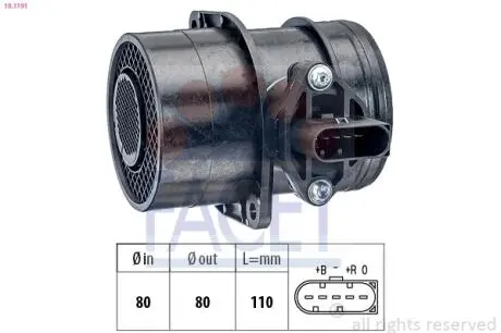 101191 Витратомір повітря Caddy 2.0TDI 07-10/LT 2.8TDI/T5 2.5TDI 03- FACET 10.1191 FACET підбір по vin на Brocar
