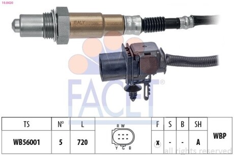 108420 Лямбда-зонд (5 конт./720 мм) Ducato 2.3D 10-/Connect 1.0 13- FACET 10.8420 FACET підбір по vin на Brocar