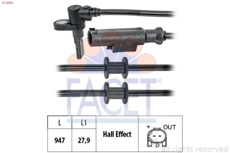 210203 Датчик ABS SPRINTER (906)/VW CRAFTER 06- перед Л/Пр 890 mm FACET 21.0203 FACET подбор по vin на Brocar