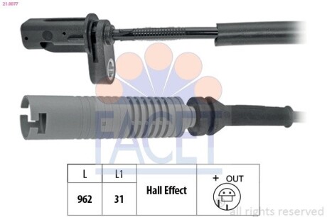 210077 Датчик ABS BMW 1 (E81), 3 (E90) 05-Задній Л / Пр FACET 21.0077 FACET підбір по vin на Brocar