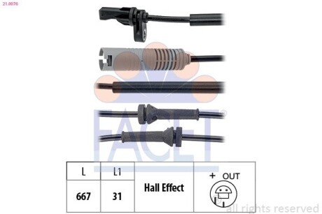 210076 Датчик ABS BMW 1 (E81), 3 (E90) 05-передн Л / Пр FACET 21.0076 FACET підбір по vin на Brocar