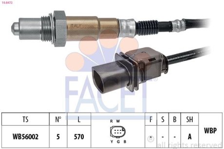 108472 Лямбда-зонд (5 конт./570 мм) Sprinter 06- FACET 10.8472 FACET підбір по vin на Brocar