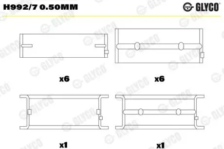 H9927050MM Вкладиші корінні 0.50 MM HL / PASS-L (К-Т R6 ЦИЛ) MAN D2566/D2866/76/ MB OM407/42 (пр-во Glyco) GLYCO підбір по vin на Brocar