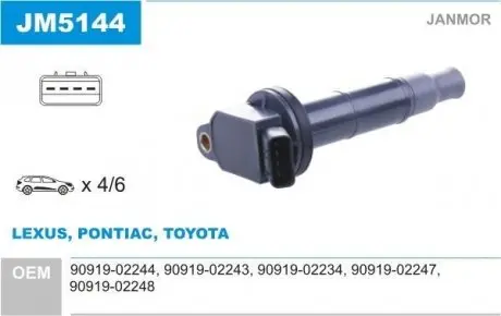 JM5144 Котушка запалювання Toyota CAMRY 2.4 VVTi; LAND CRUISER 4.0 (KDJ12) (пр-во Janmor) JANMOR підбір по vin на Brocar