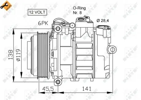 32053 Компресор кондиціонера MB Sprinter CDI -06 (d=119mm) NRF підбір по vin на Brocar