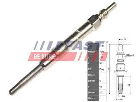 FT82733 Свічка розжарювання (11V) Fiat Doblo, Punto, 1,9 Multijet 00- FAST підбір по vin на Brocar