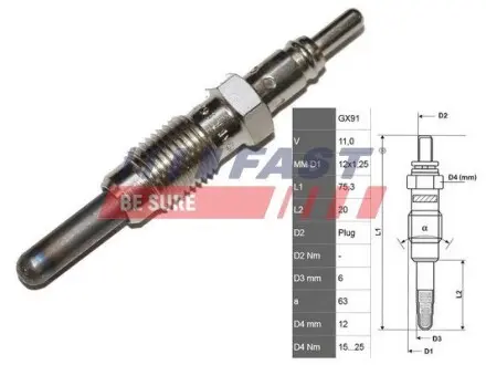 FT82728 Свічка розжарювання Fiat Doblo/Punto 1,9D 99- (11V, M12*1,2) FAST підбір по vin на Brocar