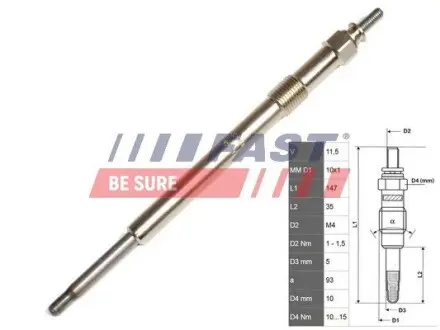 FT82736 Свічка розжарювання Ford Mondeo/Transit 2.0-2.4DI,Tdci,Tde FAST підбір по vin на Brocar