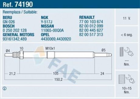 74190 Свеча накаливания Renault Master/Trafic 2.2-2.5dci 00- FAE подбор по vin на Brocar
