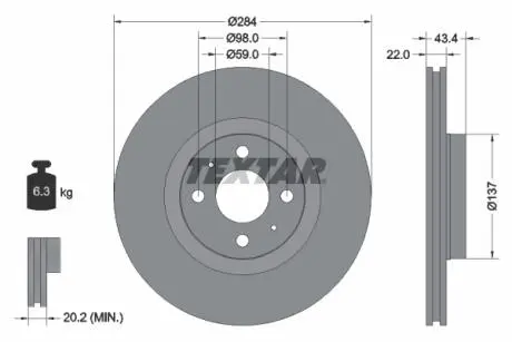 92053503 Диск гальмівний (передній) Fiat Doblo 01- (284x22) (R15) PRO TEXTAR підбір по vin на Brocar