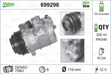 699298 Компресор кондиціонера MB Sprinter CDI -06 (d=119mm) VALEO підбір по vin на Brocar
