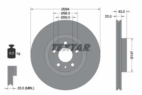 92252803 Диск тормозной (передний) Fiat Doblo 10- (284x22) PRO TEXTAR подбор по vin на Brocar