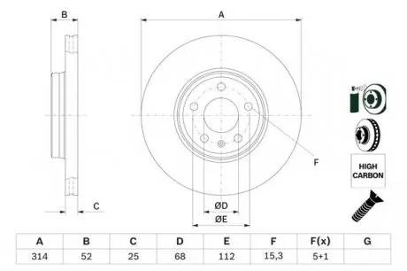 0986479467 Диск тормозной (передний) Audi A4/A5 07- (314х25) (с покрытием) (вентилируемый) BOSCH підбір по vin на Brocar