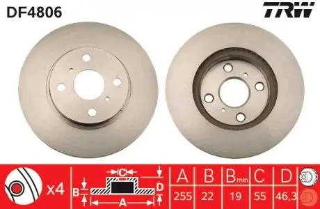 DF4806 Диск тормозной (1 шт.).) TOYOTA Yaris "F D=255mm "05>> TRW подбор по vin на Brocar