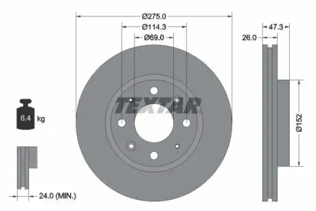 92136700 Диск гальмівний (передній) Kia Cerato1.6-2.0 CRDI 04- (275x26) TEXTAR підбір по vin на Brocar