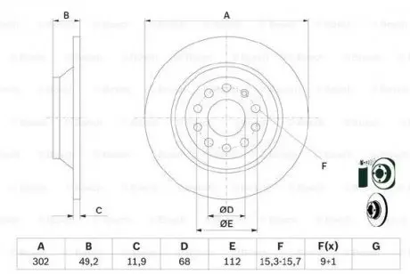 0986479257 Диск тормозной задний AUDI A6 2.0i 2.4i 2.7TDI 2.8FSI3.0i -5 (302*11.7) BOSCH подбор по vin на Brocar