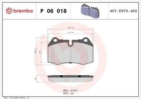 P06018 Гальмівні колодки дискові BREMBO підбір по vin на Brocar