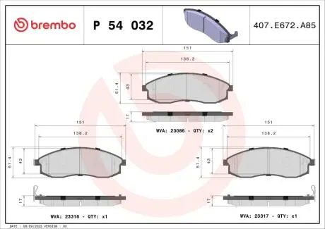 P54032 Гальмівні колодки дискові BREMBO підбір по vin на Brocar