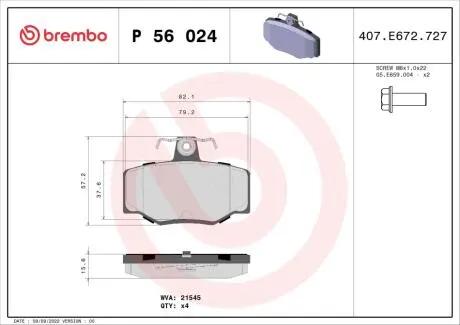 P56024 Гальмівні колодки дискові BREMBO підбір по vin на Brocar