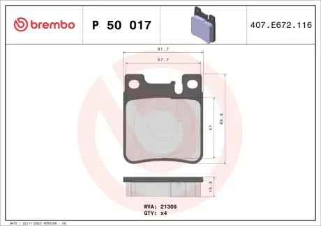 P50017 Тормозные колодки к-кт. BREMBO підбір по vin на Brocar