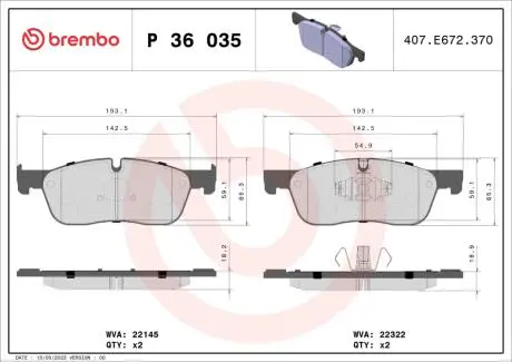 P36035 Тормозные колодки к-кт. BREMBO підбір по vin на Brocar