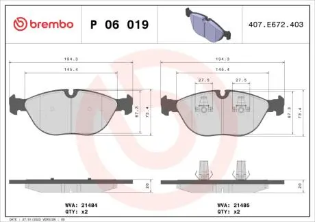 P06019 Гальмівні колодки дискові BREMBO підбір по vin на Brocar