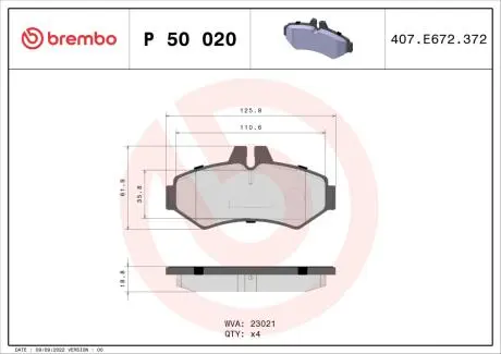 P50020 Гальмівні колодки дискові BREMBO підбір по vin на Brocar