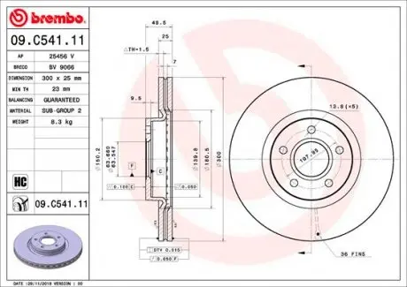09C54111 Гальмівний диск BREMBO підбір по vin на Brocar