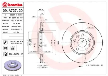 09A72721 Тормозной диск BREMBO подбор по vin на Brocar