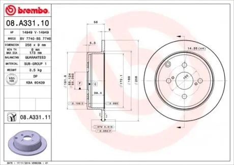 08A33111 Тормозной диск 08.A331.11 BREMBO BREMBO подбор по vin на Brocar