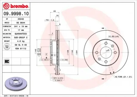 09999810 Гальмівний диск BREMBO підбір по vin на Brocar