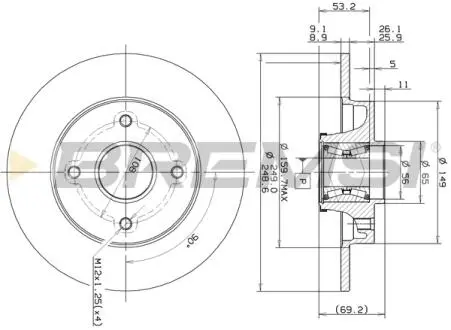 CD7560S Тормозной диск зад. Citroen C4/Peugeot 207/307/308 00- (249x9) (с подшипником) BREMSI подбор по vin на Brocar