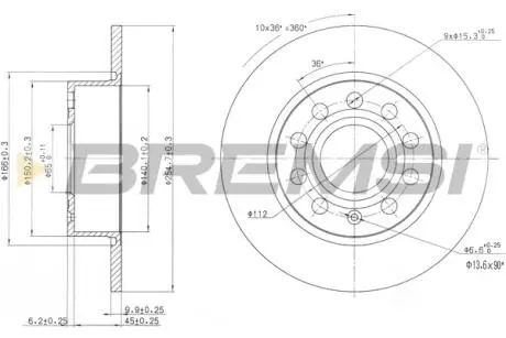 CD7224S Гальмівний диск зад. Caddy III/Octavia/Golf V/VI 04- (255x10) BREMSI підбір по vin на Brocar