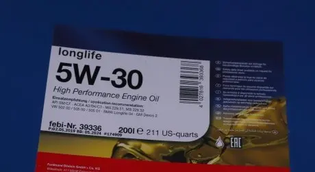 39336 Олива Longlife 5W30 (200L) (GM Dexos 2/MB 229.51/229.52/VW 502 00/505 00/505 01) FEBI BILSTEIN підбір по vin на Brocar