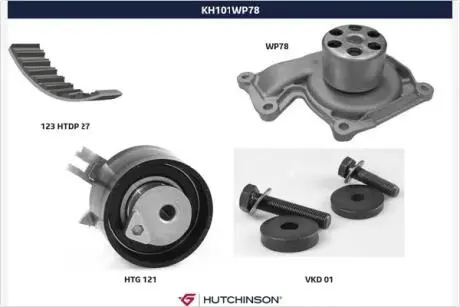 KH101WP78 Комплект ГРМ + помпа Renault Kangoo 1.5dCi 10- (123x27) HUTCHINSON підбір по vin на Brocar