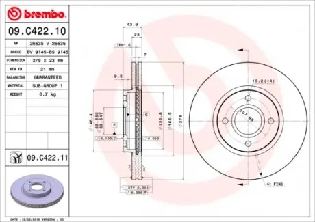 09C42211 Гальмівний диск BREMBO підбір по vin на Brocar