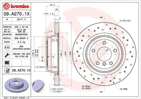09A2701X Тормозной диск BREMBO підбір по vin на Brocar