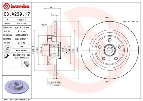 08A23917 Диск тормозной с подшипником задн 1шт RENAULT: ESPACE IV 02-06, VEL SATIS 02-06 BREMBO підбір по vin на Brocar