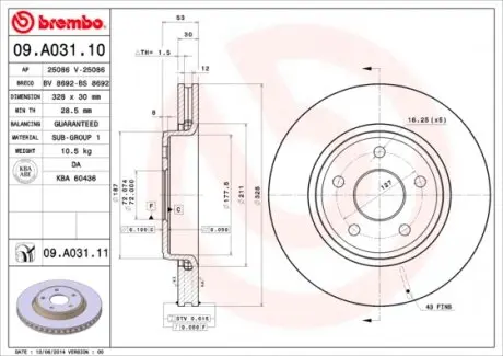 09A03111 Диск гальмівний BREMBO підбір по vin на Brocar