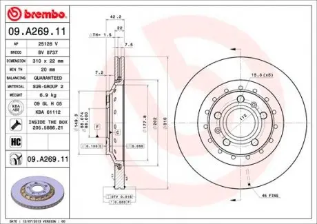 09A26911 Диск гальмівний BREMBO підбір по vin на Brocar