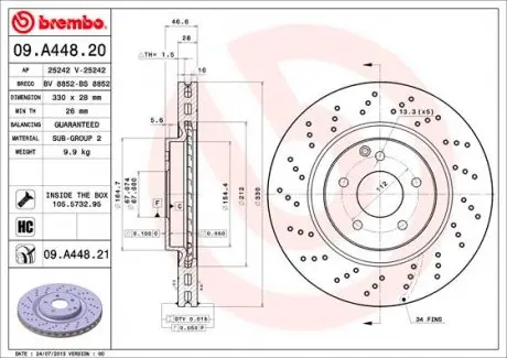 09A44821 Тормозной диск BREMBO 09.A448.21 BREMBO подбор по vin на Brocar