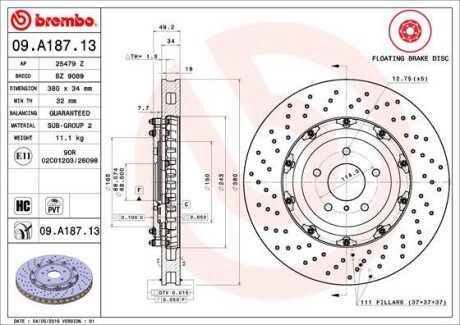 09A18713 Диск гальмівний NISSAN GT-R 3.8 V6 -10/11 /perforowana,2-elementowa/ BREMBO підбір по vin на Brocar