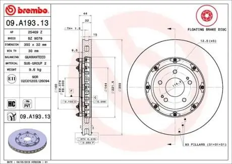 09A19313 Гальмівний диск BREMBO підбір по vin на Brocar