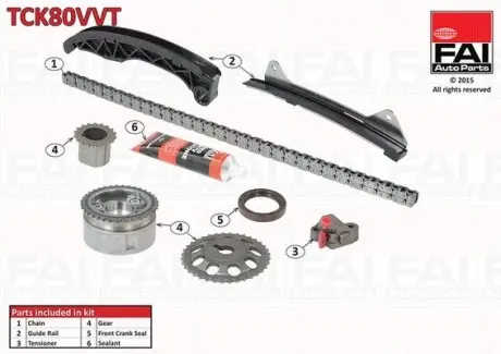 TCK80VVT К-кт ланцюга ГРМ (ланцюг+2 шестерні+фазорегулятор+натяжн.+лижі) Citroen C1 1.0 05-/Peugeot 107 05-/Toyota Yaris 1.0 05- FAI AUTOPARTS підбір по vin на Brocar