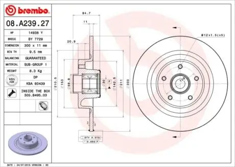 08A23927 Тормозной диск BREMBO подбор по vin на Brocar
