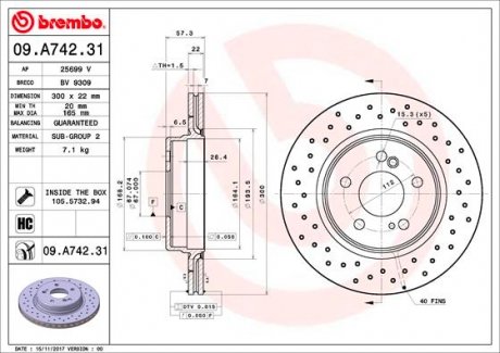 09A74231 Диск гальмівнийTYL MERCEDES SL 97- 55AMG BREMBO підбір по vin на Brocar