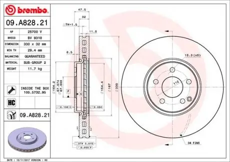 09A82821 Диск гальмівний BREMBO підбір по vin на Brocar