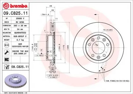 09C82511 Гальмівний диск BREMBO підбір по vin на Brocar