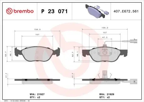 P23071 Гальмівні колодки, дискове гальмо (набір) BREMBO підбір по vin на Brocar
